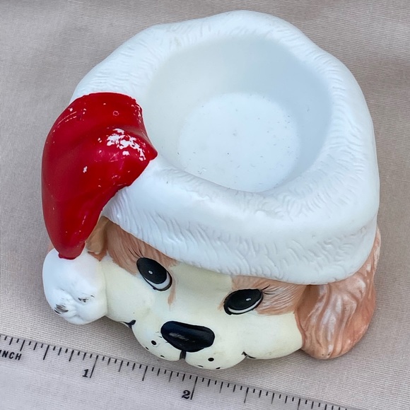 Vintage Christmas ceramic Votive Candle Holder Dog in Santa Hat Gift Co - Picture 2 of 4